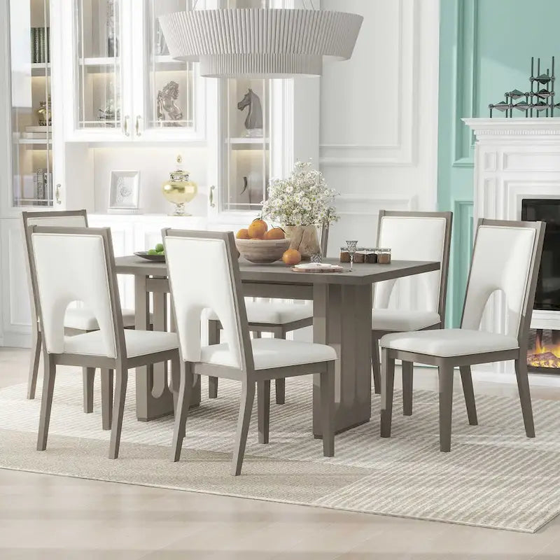 Ensemble table et chaises de salle à manger pour 6 personnes, style campagnard, rectangulaire, avec 6 chaises rembourrées, idéal pour la salle à manger.-9