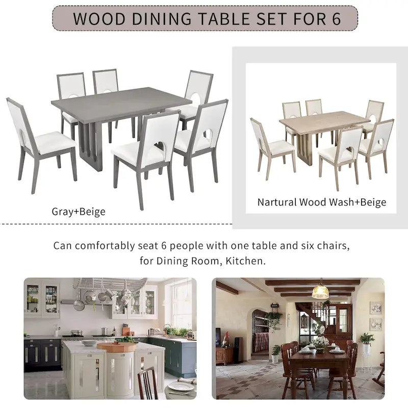 Ensemble table et chaises de salle à manger pour 6 personnes, style campagnard, rectangulaire, avec 6 chaises rembourrées, idéal pour la salle à manger.-12