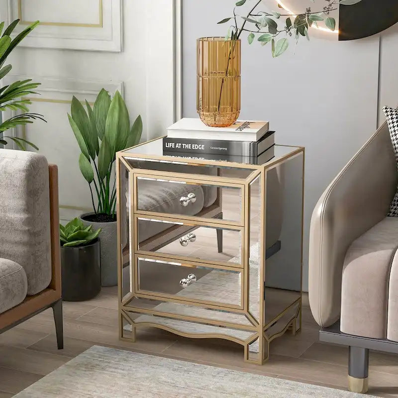 Meuble de chevet multifonctionnel avec miroir champagne, dimensions : L 19,7 x P 15 x H 26 cm.-9
