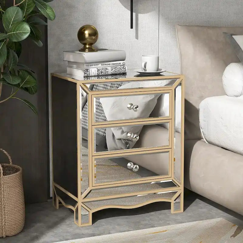 Meuble de chevet multifonctionnel avec miroir champagne, dimensions : L 19,7 x P 15 x H 26 cm.-2