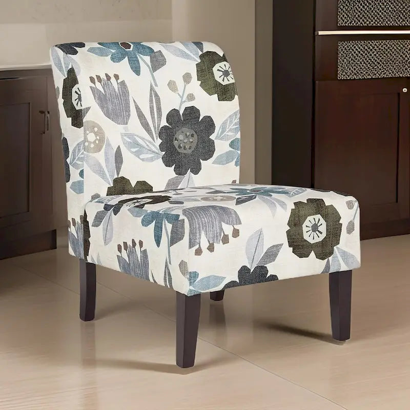 Fauteuil Rima, coussin en polyester à motif floral gris ivoire, bois noir-5