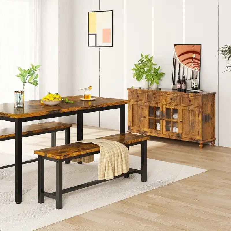 Ensemble de 2 bancs de salle à manger Grondin style industriel, en bois et acier, robustes et stables, pour une entrée.