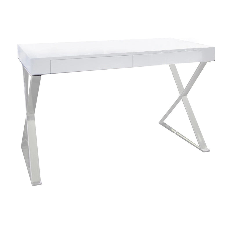 Bureau Rix 47 pouces, plateau en bois blanc, 2 tiroirs, pieds en acier poli en forme de X-2