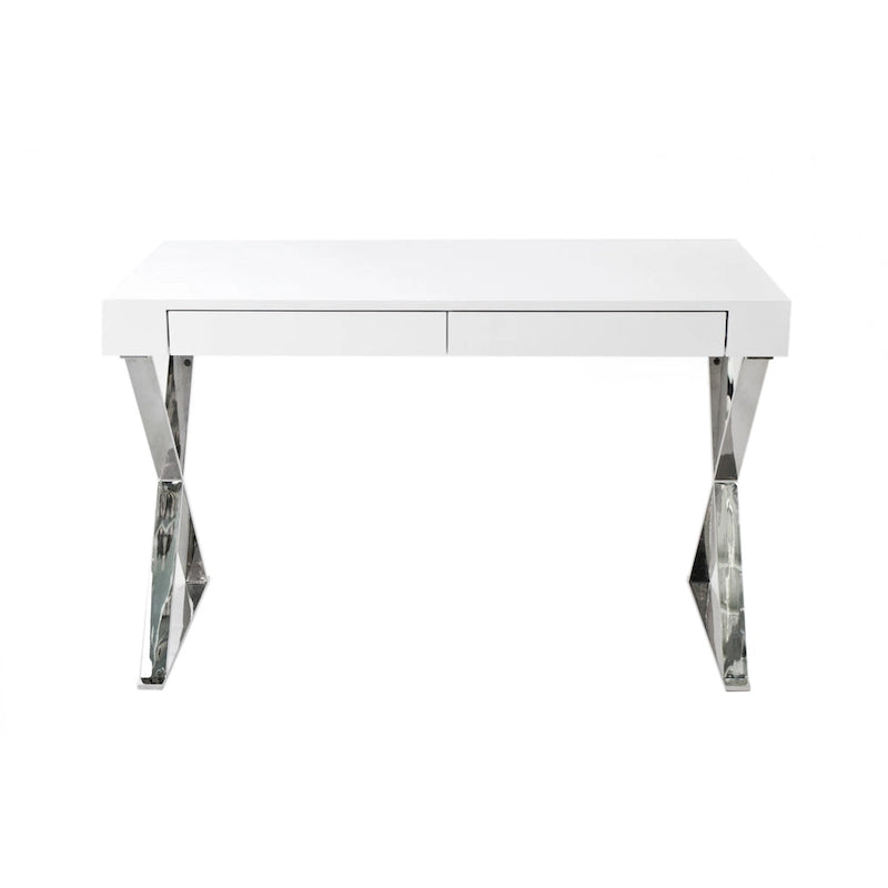 Bureau Rix 47 pouces, plateau en bois blanc, 2 tiroirs, pieds en acier poli en forme de X-3