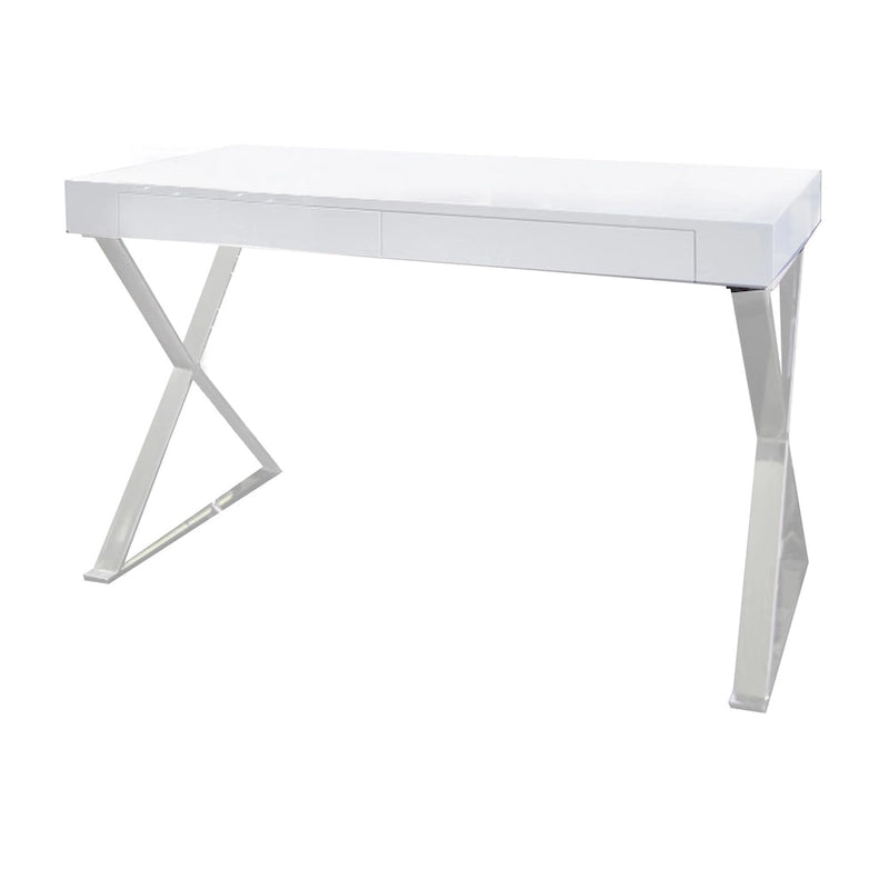 Bureau Rix 47 pouces, plateau en bois blanc, 2 tiroirs, pieds en acier poli en forme de X-4