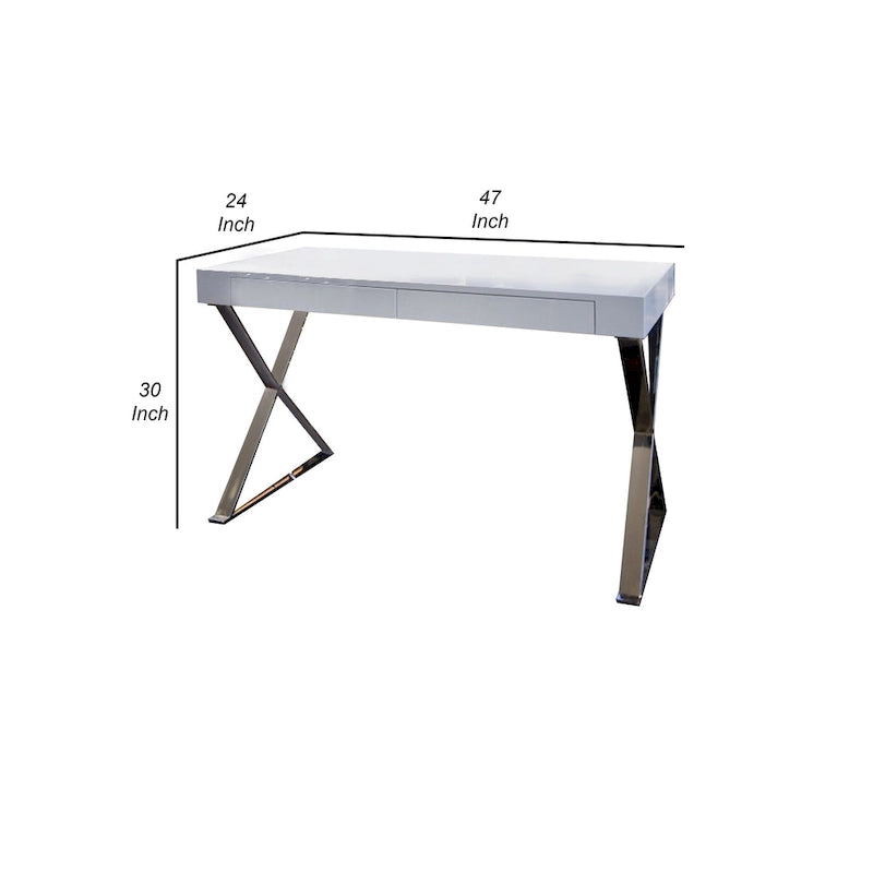 Bureau Rix 47 pouces, plateau en bois blanc, 2 tiroirs, pieds en acier poli en forme de X-6