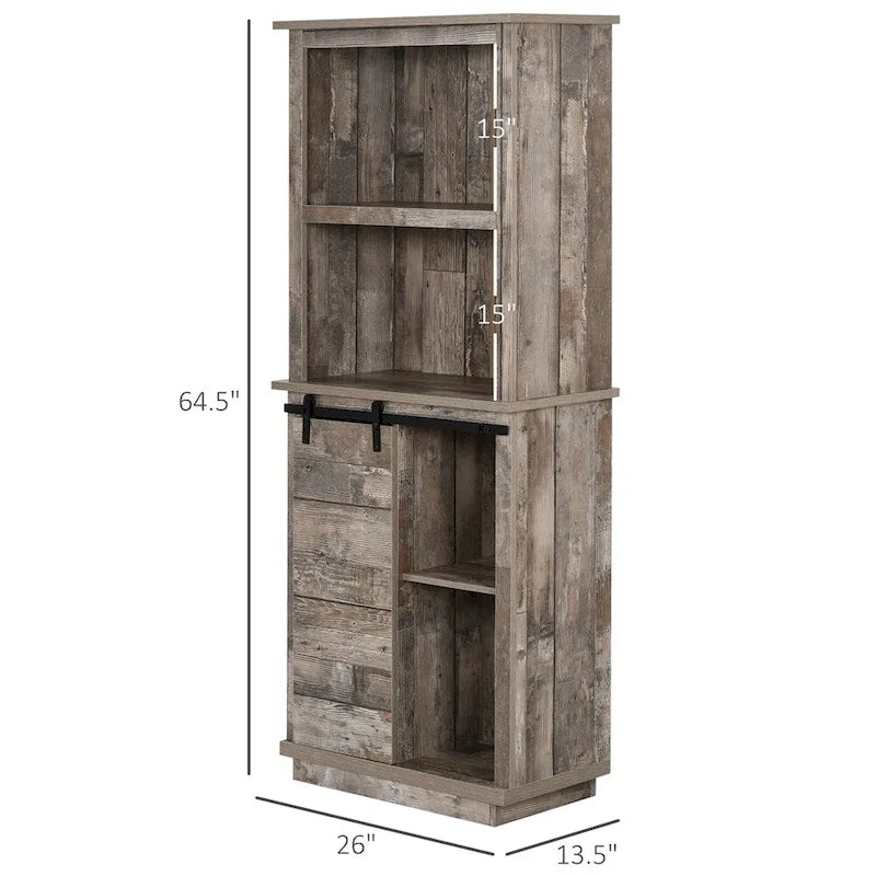 Buffet de cuisine rustique indépendant avec vaisselier et armoire de rangement.