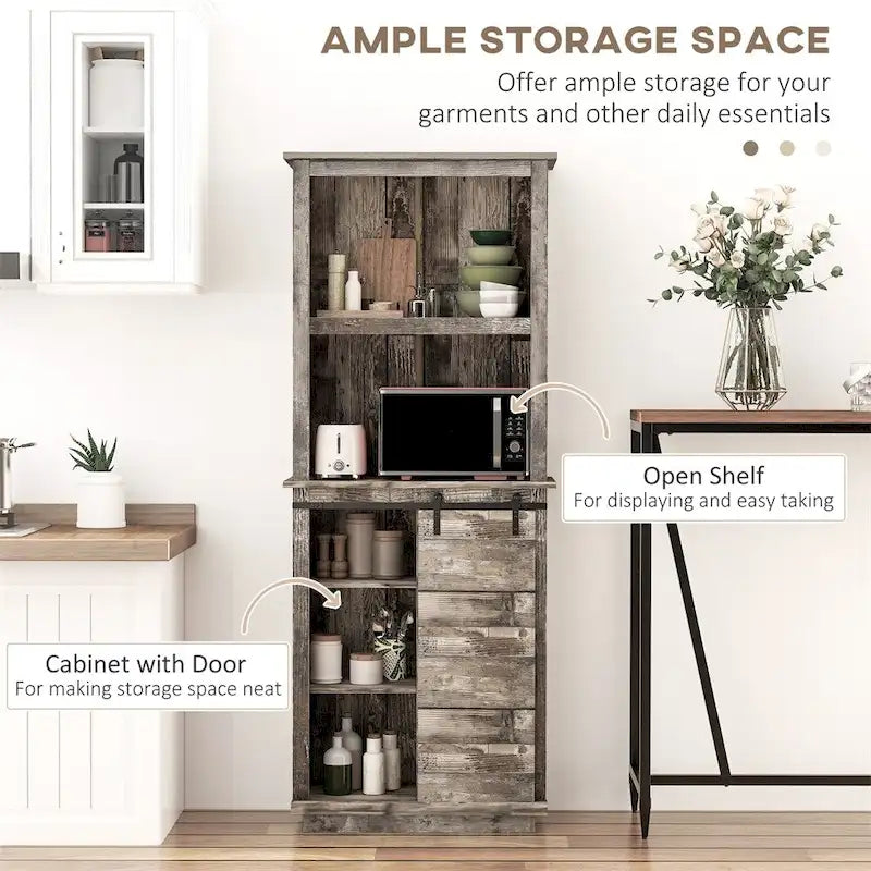 Buffet de cuisine rustique indépendant avec vaisselier et armoire de rangement.-4