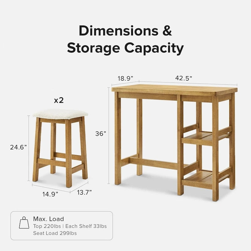 Ensemble table haute Mopio Kelly en bois massif avec 2 tabourets en bouclette, ensemble de salle à manger 3 pièces, petit îlot de cuisine avec étagères de rangement