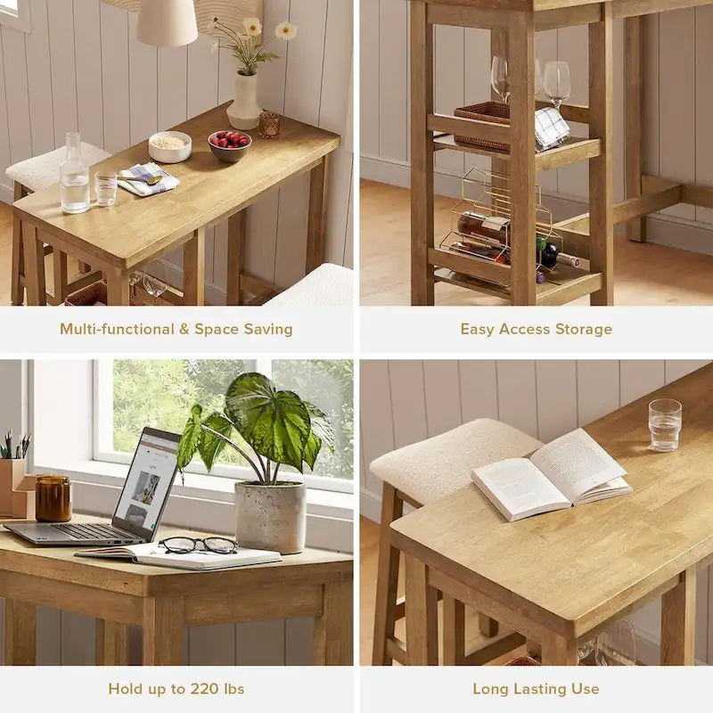 Ensemble table haute Mopio Kelly en bois massif avec 2 tabourets en bouclette, ensemble de salle à manger 3 pièces, petit îlot de cuisine avec étagères de rangement-4