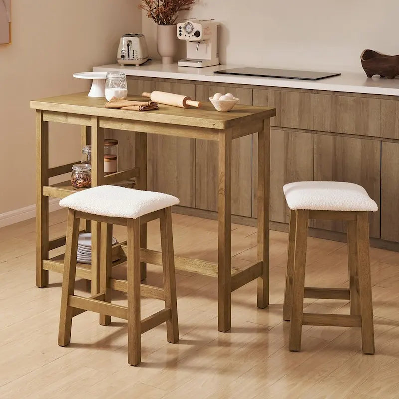 Ensemble table haute Mopio Kelly en bois massif avec 2 tabourets en bouclette, ensemble de salle à manger 3 pièces, petit îlot de cuisine avec étagères de rangement-5