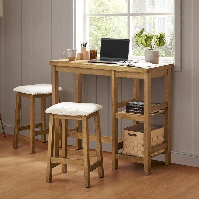 Ensemble table haute Mopio Kelly en bois massif avec 2 tabourets en bouclette, ensemble de salle à manger 3 pièces, petit îlot de cuisine avec étagères de rangement-6