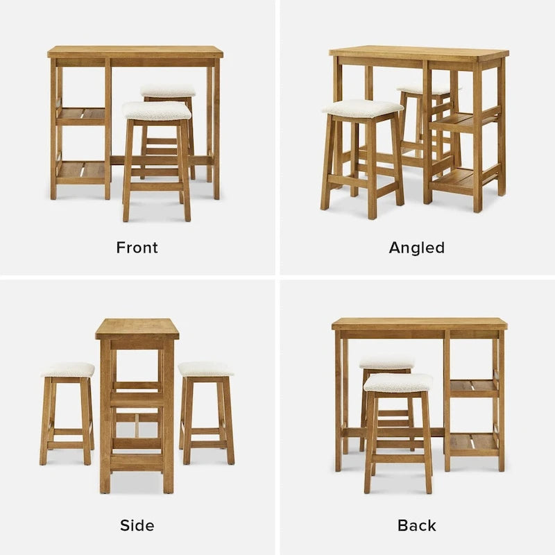 Ensemble table haute Mopio Kelly en bois massif avec 2 tabourets en bouclette, ensemble de salle à manger 3 pièces, petit îlot de cuisine avec étagères de rangement-7
