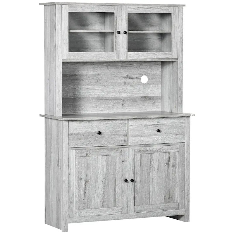 Buffet de cuisine avec vaisselier, armoire de rangement avec 4 étagères, tiroirs, portes vitrées encadrées, comptoir ouvert pour micro-ondes-9