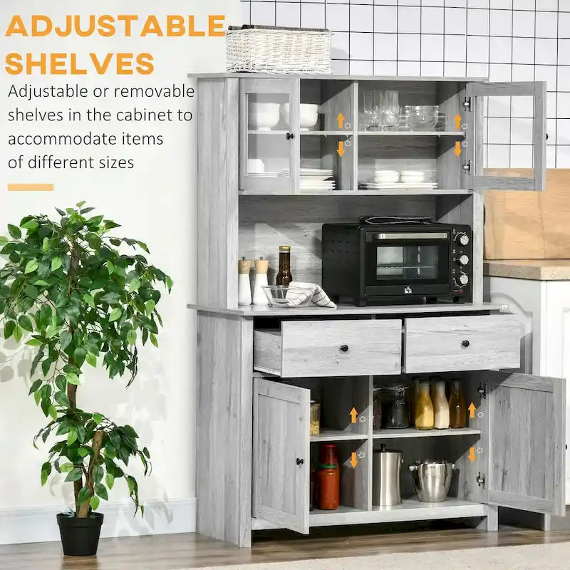 Buffet de cuisine avec vaisselier, armoire de rangement avec 4 étagères, tiroirs, portes vitrées encadrées, comptoir ouvert pour micro-ondes-2