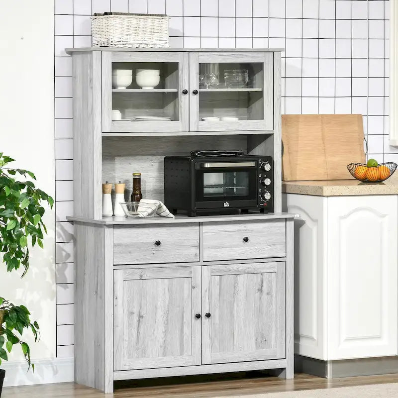 Buffet de cuisine avec vaisselier, armoire de rangement avec 4 étagères, tiroirs, portes vitrées encadrées, comptoir ouvert pour micro-ondes-5