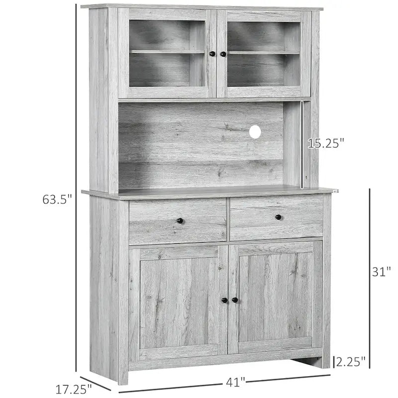 Buffet de cuisine avec vaisselier, armoire de rangement avec 4 étagères, tiroirs, portes vitrées encadrées, comptoir ouvert pour micro-ondes-6