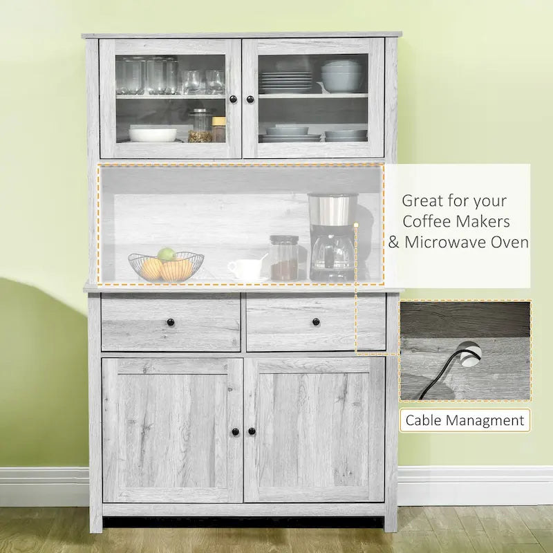 Buffet de cuisine avec vaisselier, armoire de rangement avec 4 étagères, tiroirs, portes vitrées encadrées, comptoir ouvert pour micro-ondes-7