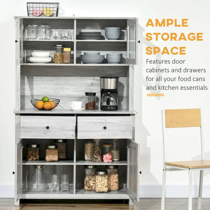 Buffet de cuisine avec vaisselier, armoire de rangement avec 4 étagères, tiroirs, portes vitrées encadrées, comptoir ouvert pour micro-ondes-8