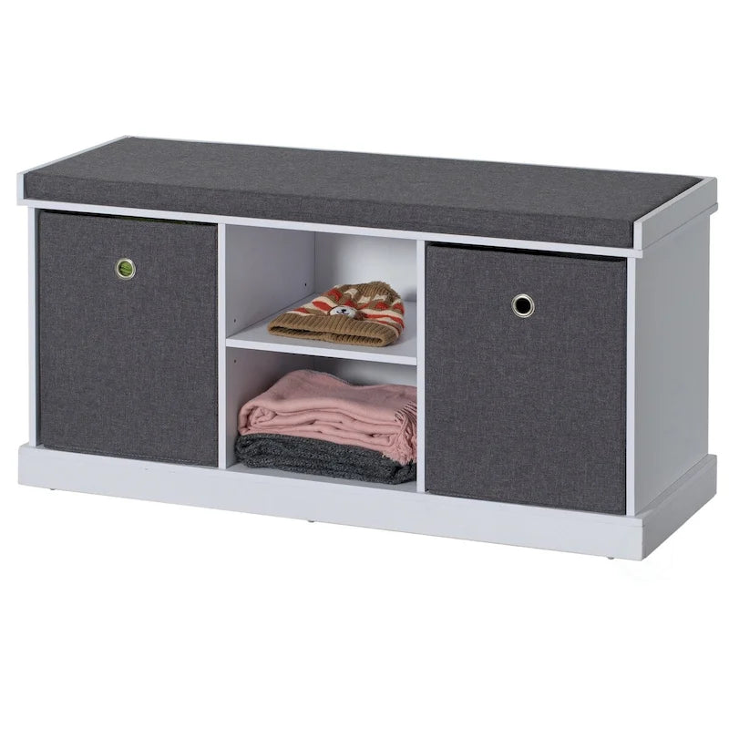 Banc à chaussures en MDF avec 2 étagères, paniers pliables et coussin gris, blanc-7