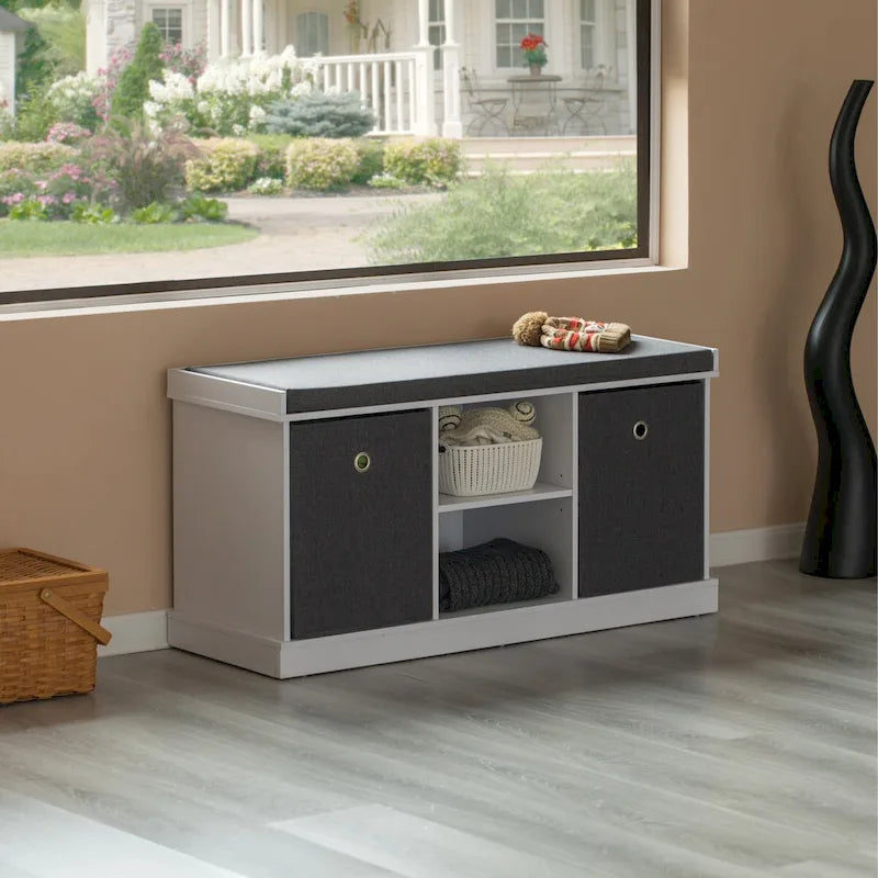 Banc à chaussures en MDF avec 2 étagères, paniers pliables et coussin gris, blanc