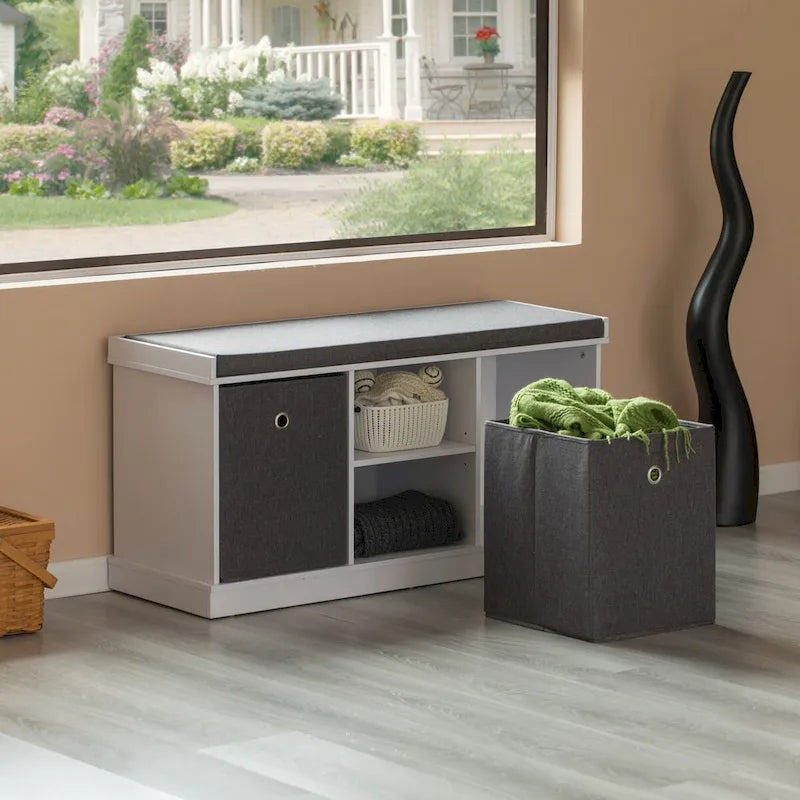 Banc à chaussures en MDF avec 2 étagères, paniers pliables et coussin gris, blanc-3