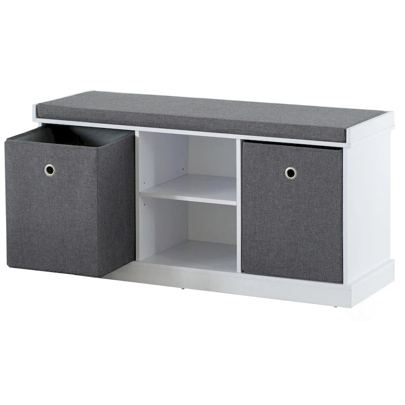Banc à chaussures en MDF avec 2 étagères, paniers pliables et coussin gris, blanc-5