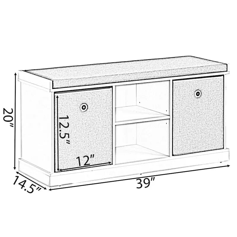 Banc à chaussures en MDF avec 2 étagères, paniers pliables et coussin gris, blanc-6