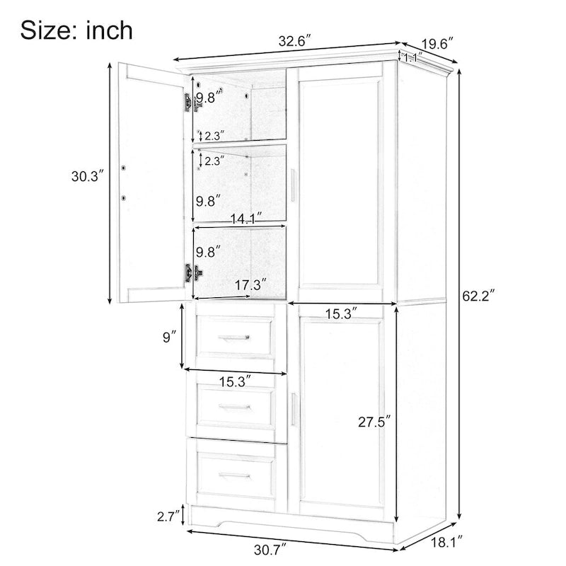 Armoire de rangement haute et large avec portes pour salle de bain, trois tiroirs-6