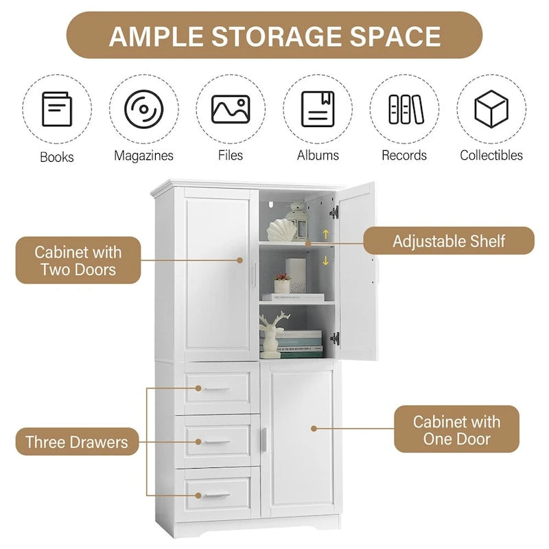 Armoire de rangement haute et large avec portes pour salle de bain, trois tiroirs-16