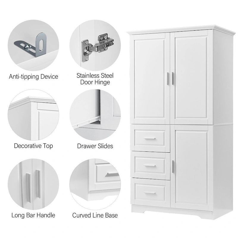 Armoire de rangement haute et large avec portes pour salle de bain, trois tiroirs-18