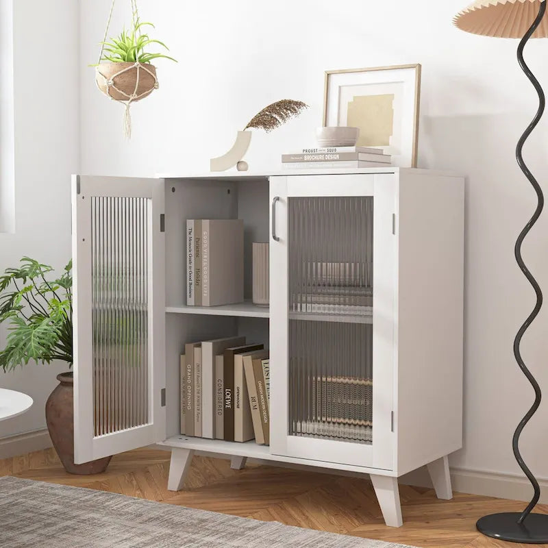 Meuble de rangement moderne pour salle de bain avec 2 portes vitrées et étagère réglable, blanc-2