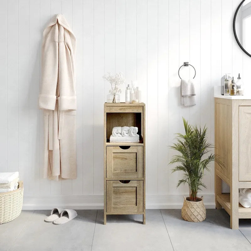 Farmhouse Bathroom Storage Organizer with Drawers and Open Shelf