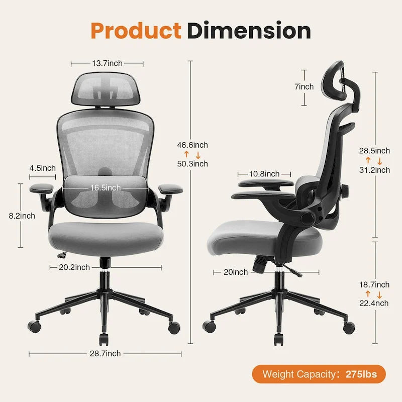 Chaise de bureau à dossier haut avec soutien lombaire et appui-tête réglables-3