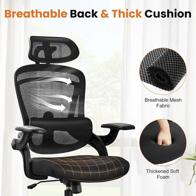 Chaise de bureau à dossier haut avec soutien lombaire et appui-tête réglables-5