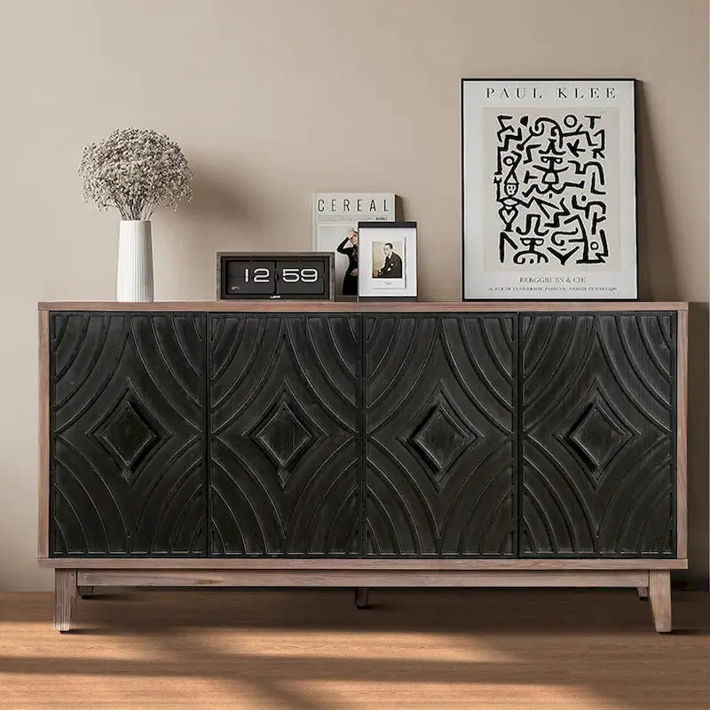 Sideboard Buffet Cabinet Kitchen Storage Cabinet Credenza with 4 Convex Pattern Diamond Doors and 2 Shelves Accent Console Table