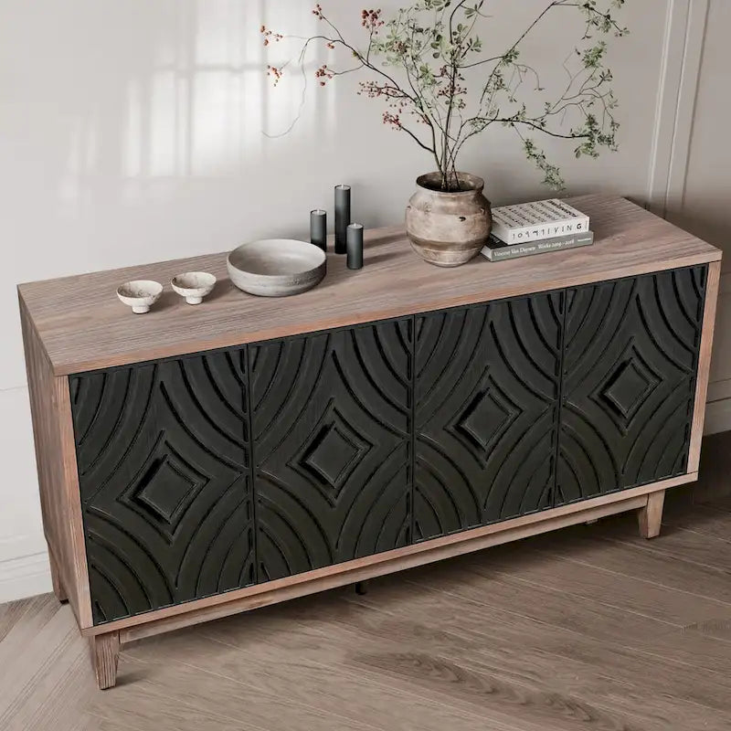 Buffet/meuble de rangement de cuisine avec 4 portes à motif losange convexe et 2 étagères, console d'appoint