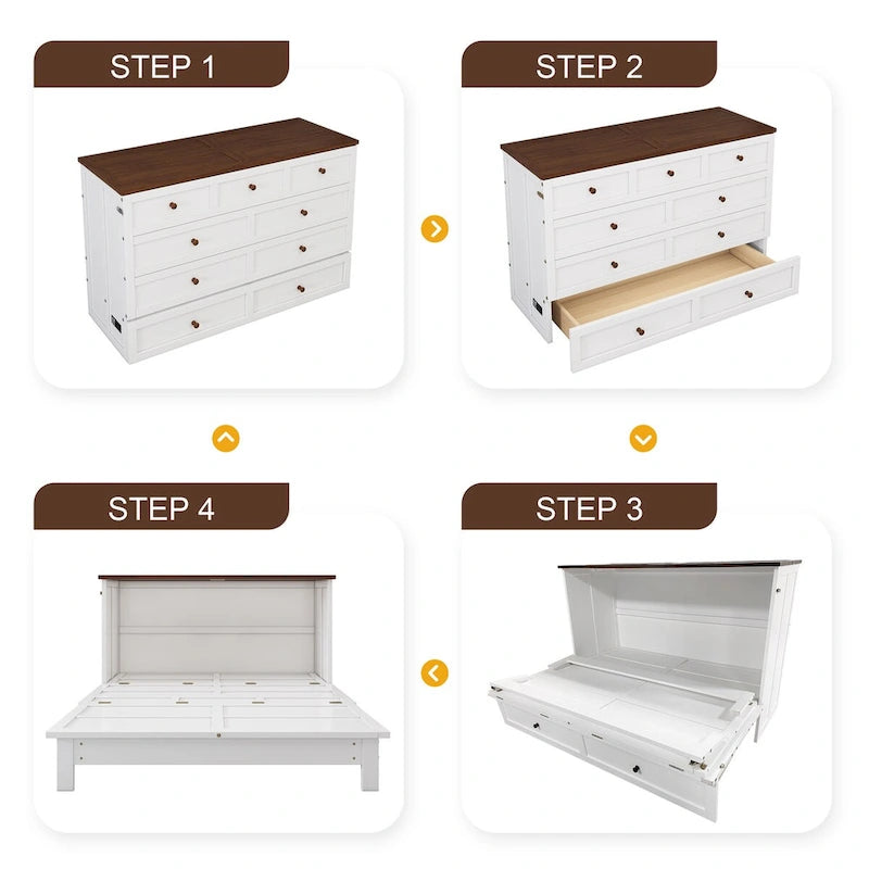 Commode de lit escamotable en pin massif avec station de recharge et grand tiroir de rangement-16