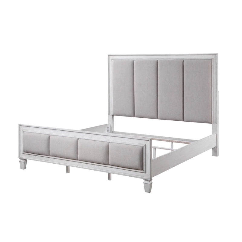 Linen Upholstered Bed in Light Gray and Weathered White