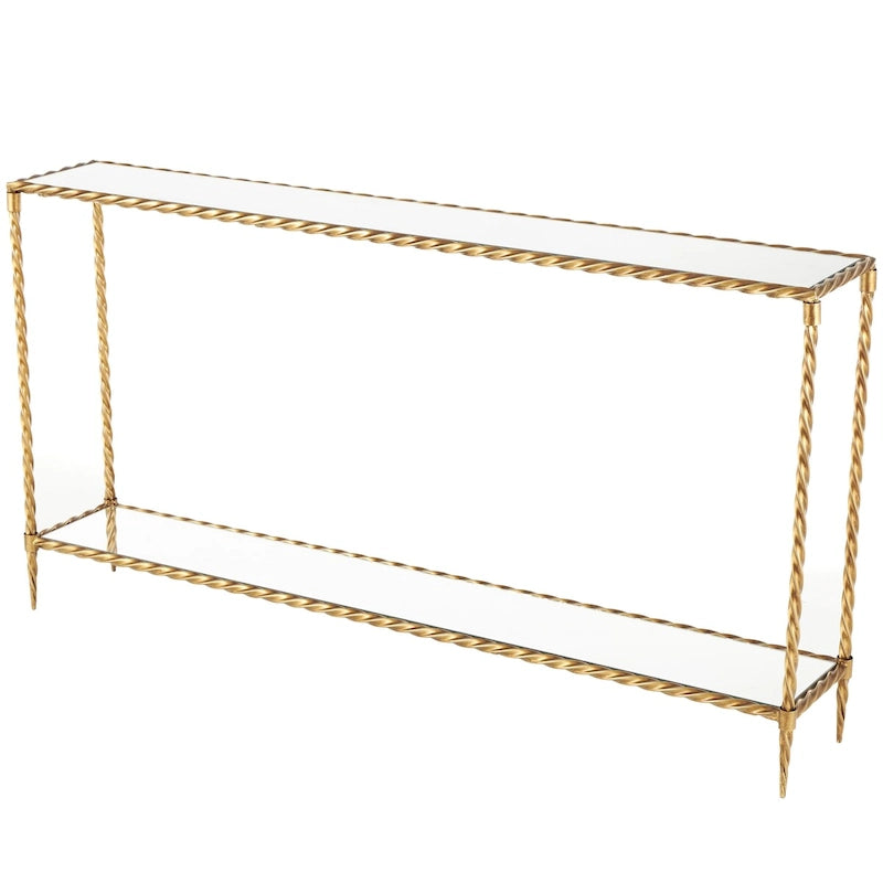 Console à une étagère, inspirée d'une corde torsadée en métal, avec plateau et étagère en verre miroir - Doré - Roche River Decor-9