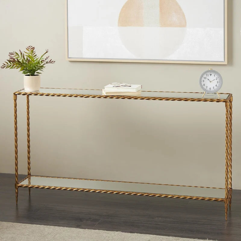 Console à une étagère, inspirée d'une corde torsadée en métal, avec plateau et étagère en verre miroir - Doré - Roche River Decor-2