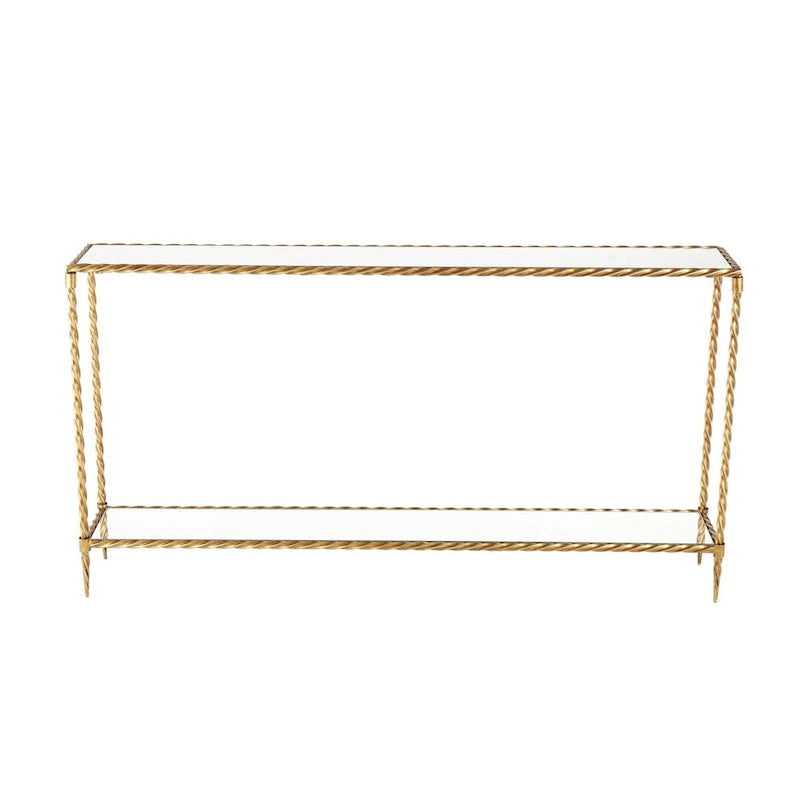 Console à une étagère, inspirée d'une corde torsadée en métal, avec plateau et étagère en verre miroir - Doré - Roche River Decor-3