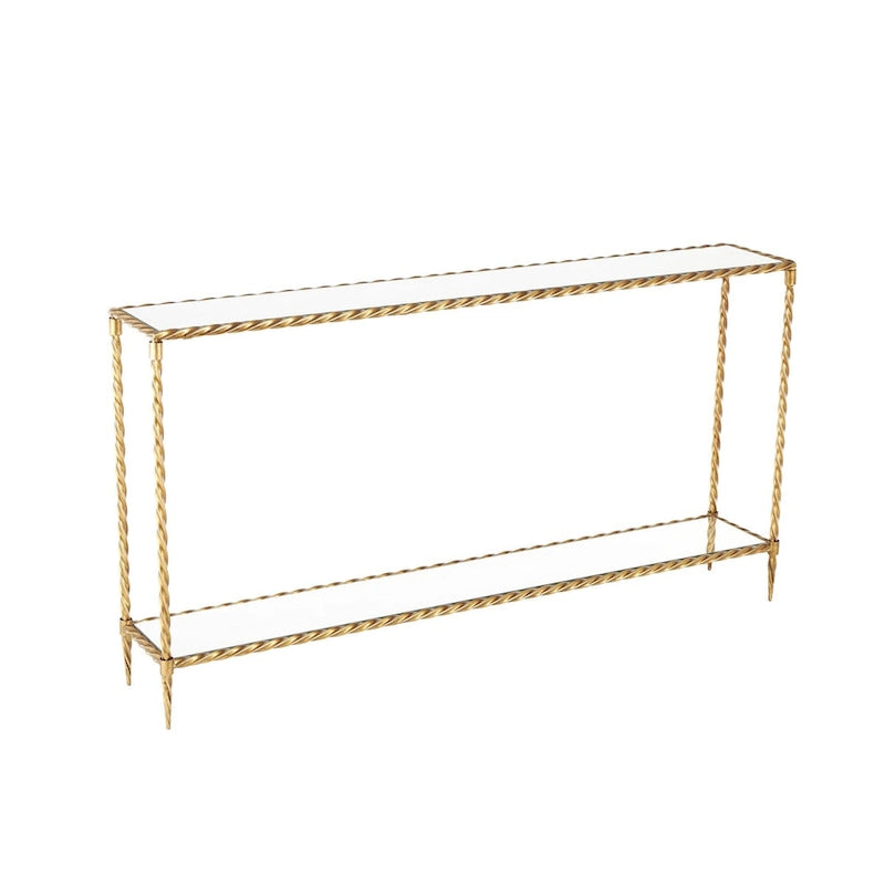 Console à une étagère, inspirée d'une corde torsadée en métal, avec plateau et étagère en verre miroir - Doré - Roche River Decor-4