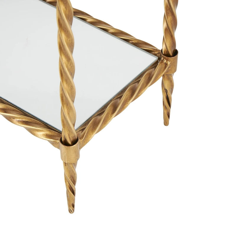 Console à une étagère, inspirée d'une corde torsadée en métal, avec plateau et étagère en verre miroir - Doré - Roche River Decor-5