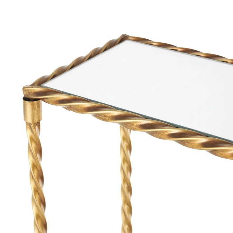 Console à une étagère, inspirée d'une corde torsadée en métal, avec plateau et étagère en verre miroir - Doré - Roche River Decor-6