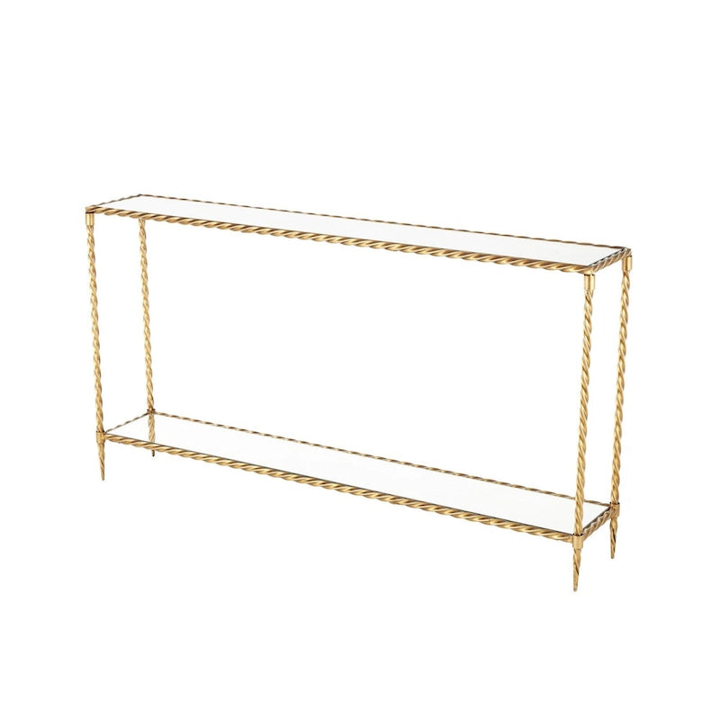 Console à une étagère, inspirée d'une corde torsadée en métal, avec plateau et étagère en verre miroir - Doré - Roche River Decor-7