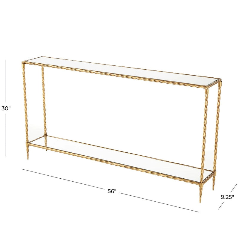 Console à une étagère, inspirée d'une corde torsadée en métal, avec plateau et étagère en verre miroir - Doré - Roche River Decor-8