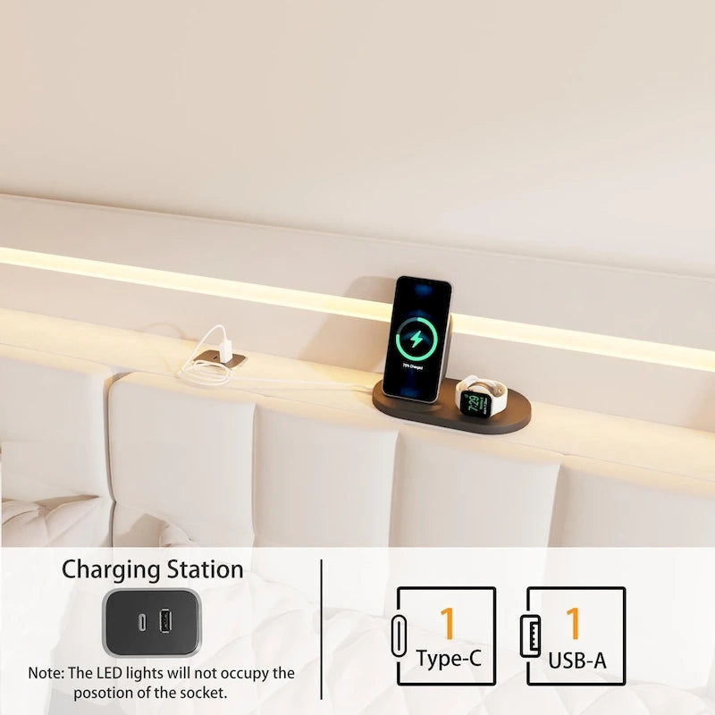 Lit suspendu King Size avec rangement dans la tête de lit et éclairage LED RGB, beige-3