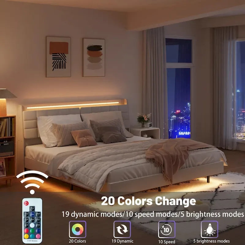 Lit suspendu King Size avec rangement dans la tête de lit et éclairage LED RGB, beige-4