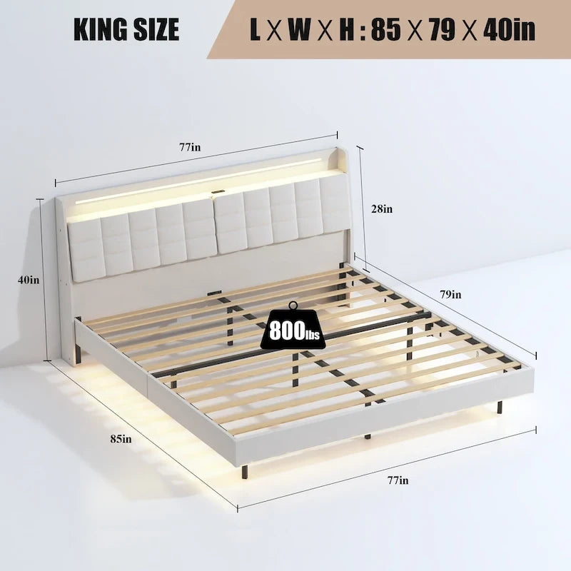 Lit suspendu King Size avec rangement dans la tête de lit et éclairage LED RGB, beige-6